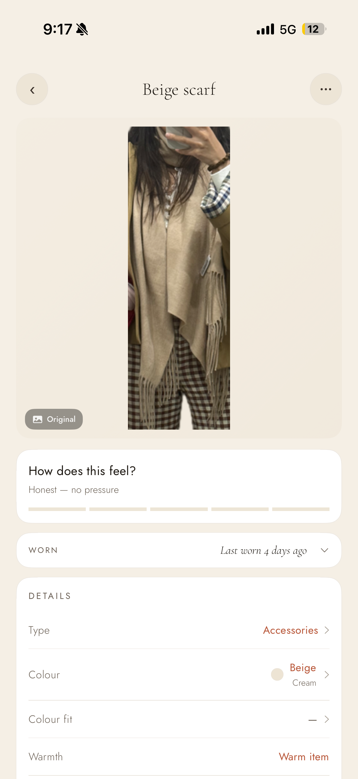 Original photo — Beige scarf worn in mirror selfie